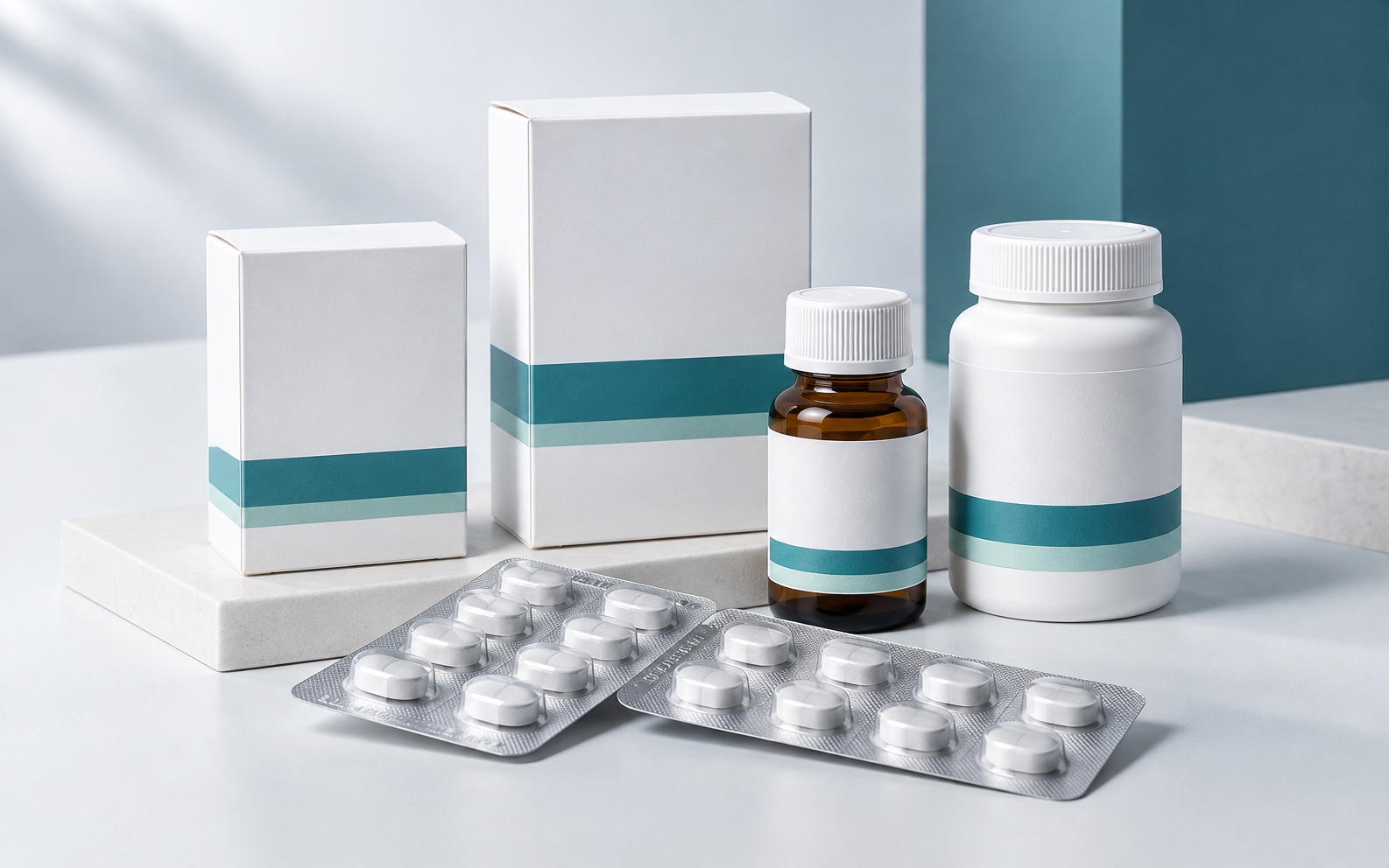 Imagen representativa de envases farmacéuticos y blísteres en una composición de estudio.